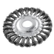 Щетка для УШМ, 125 мм, «Плоская», крученая нержавеющая проволока 0.5 мм, посадка 22.2 мм Denzel